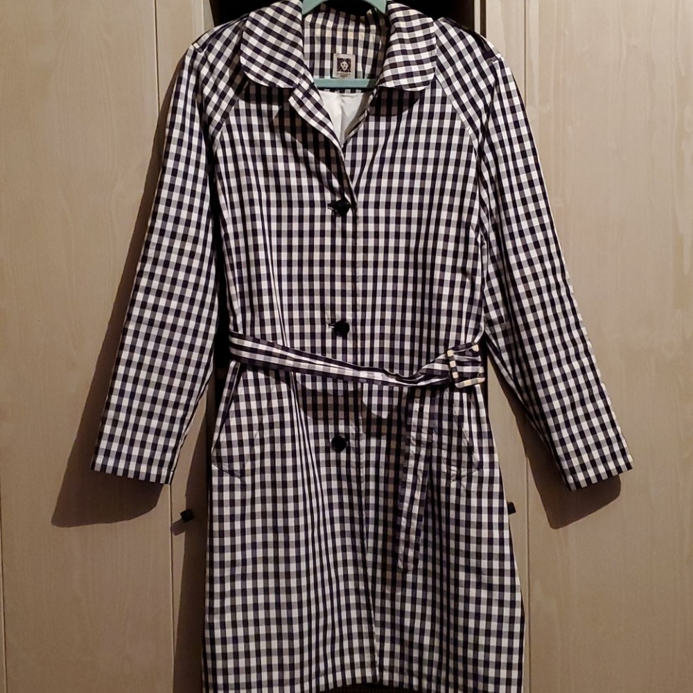Anne Klein Trench Coat Black White Gingham Size 12